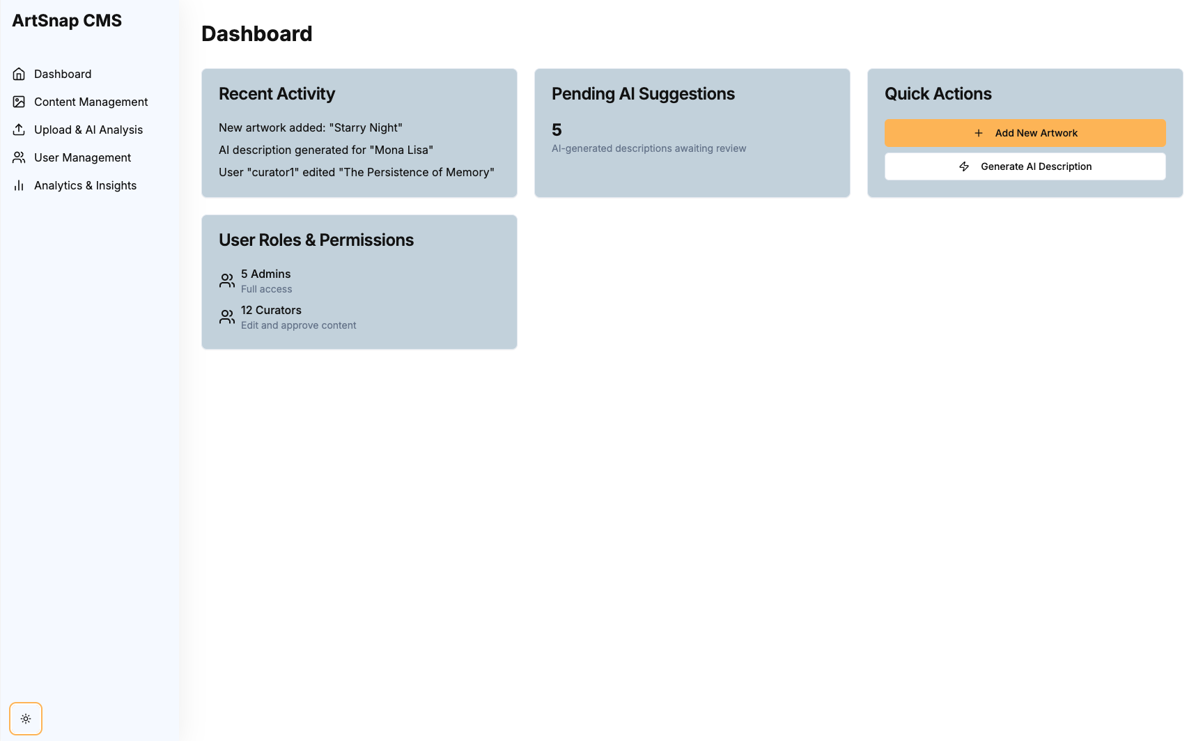 ArtSnap CMS Dashboard Preview